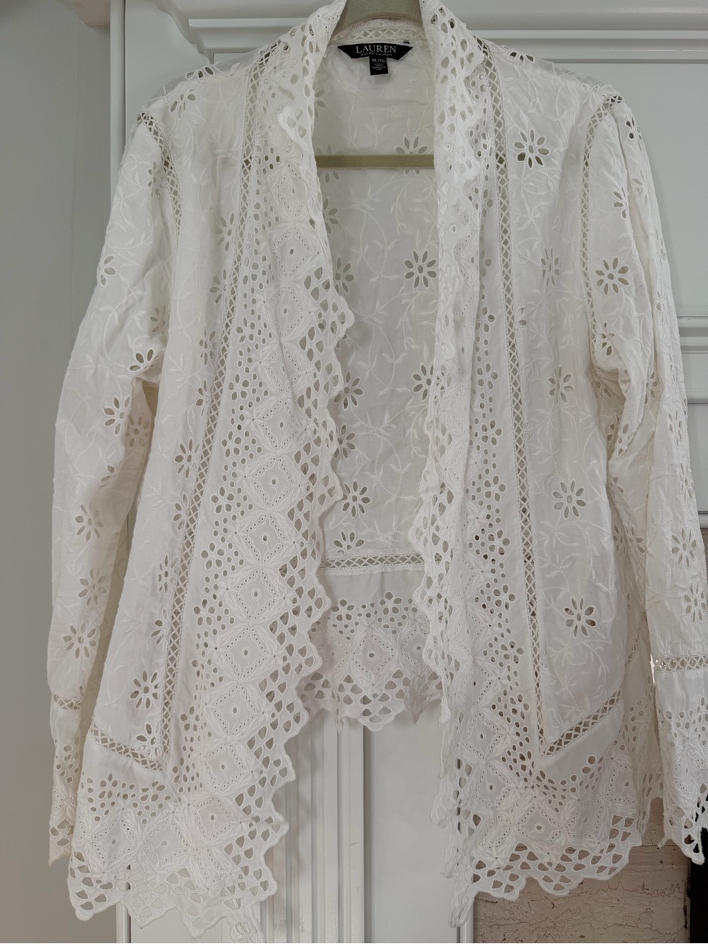 Ralph Lauren Cream Cotton Eyelet Cottagecore Lace Feminine Romantic Cardigan